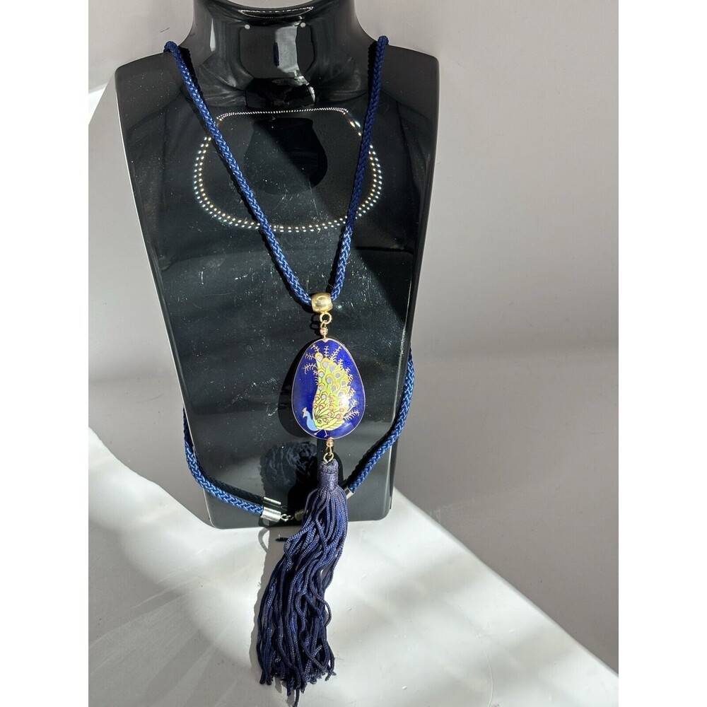 29" Vintage Enamel Peacock Pendant Necklace Purple Oval On Cord Cloisonne